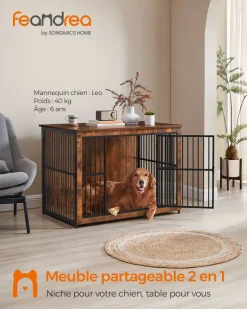 Cheap SONGMICS Meuble cage pour chien à double porte plein marron rustique