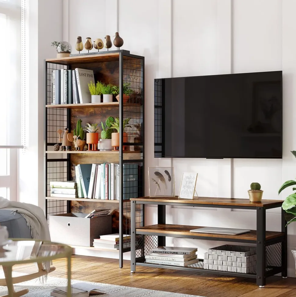 Hot SONGMICS Meuble TV grille Marron Rustique