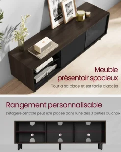 Sale SONGMICS Meuble tv pour téléviseur jusqu’à 65 pouces cadre en métal, marron rustique et noir