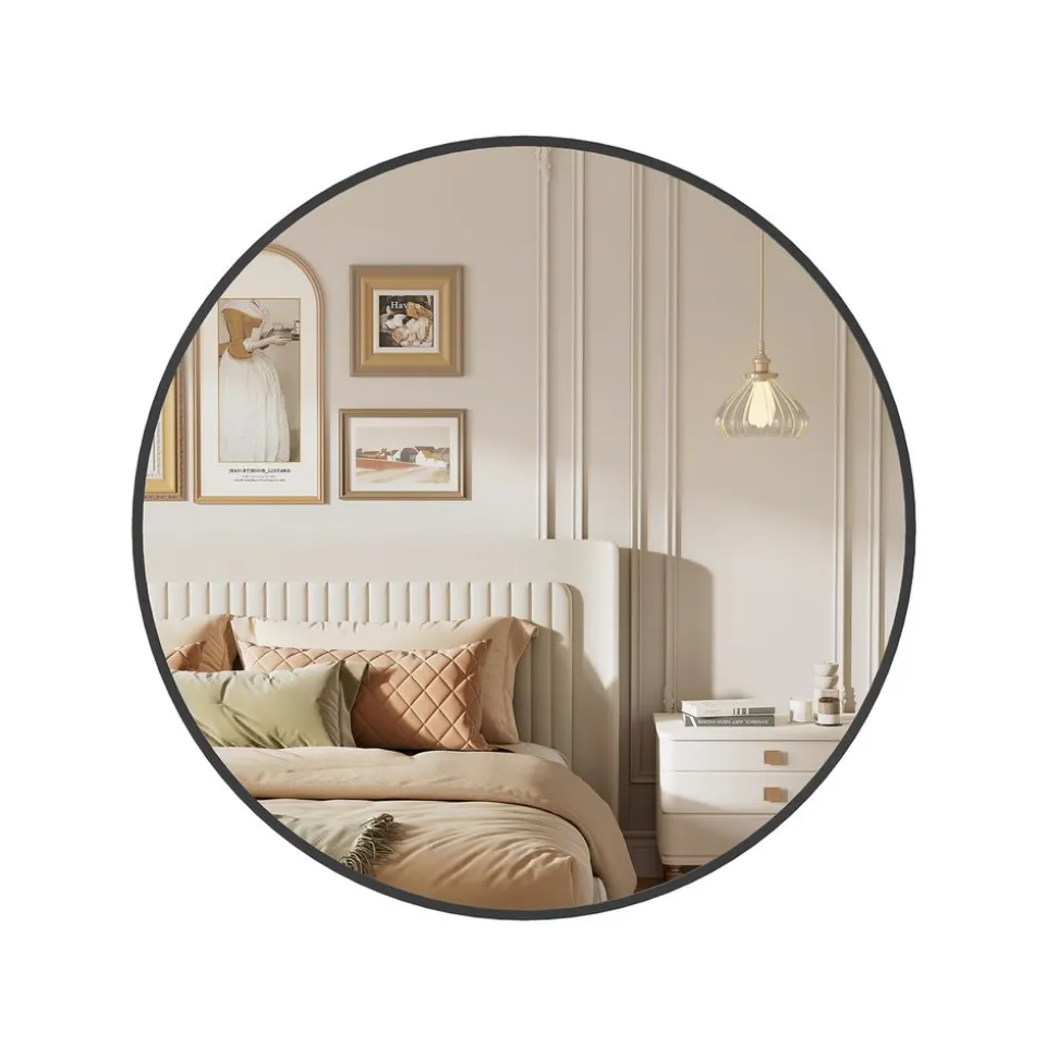 Discount SONGMICS Miroir mural rond diamètre 61 cm cadre en métal noir