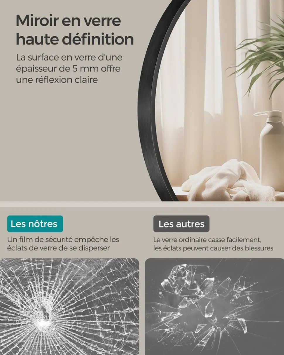 Discount SONGMICS Miroir mural rond diamètre 61 cm cadre en métal noir