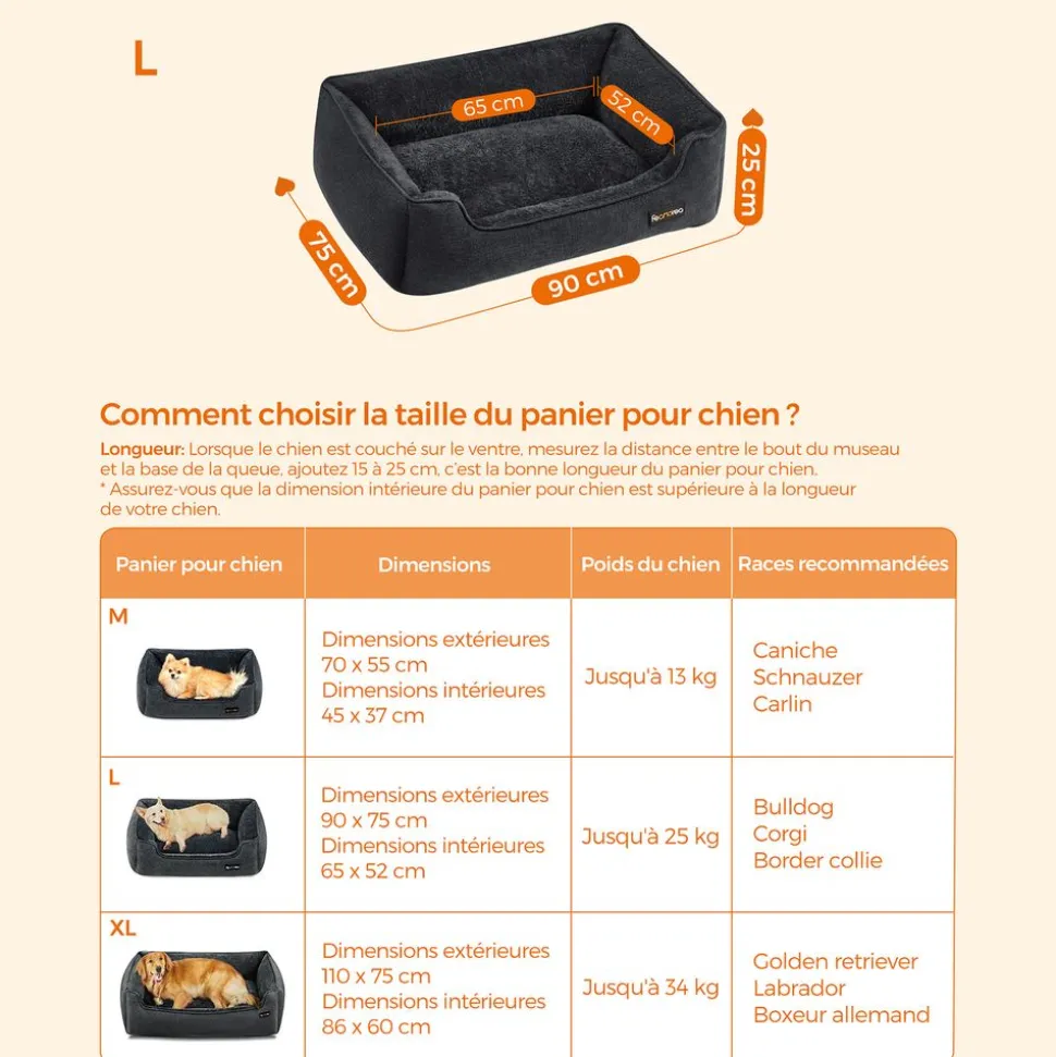 Fashion SONGMICS Panier pour chien 90 x 75 cm Gris