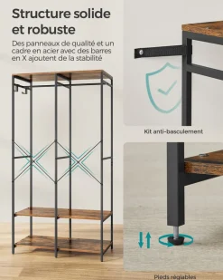 New SONGMICS Penderie 2 tiroirs et 4 étagères Marron Rustique