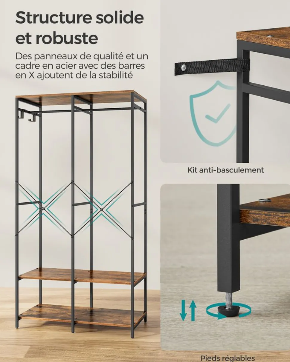 New SONGMICS Penderie 2 tiroirs et 4 étagères Marron Rustique