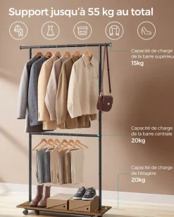 Fashion SONGMICS Porte-manteau 12 crochets structure métallique 175 cm noir d'encre