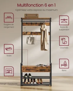 Clearance SONGMICS Porte-manteau d’entrée avec 10 crochets amovibles marron rustique et noir d'encre Marron Rustique + Noir D'Encre