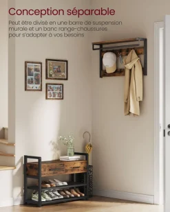 Clearance SONGMICS Porte-manteau d’entrée avec 10 crochets amovibles marron rustique et noir d'encre Marron Rustique + Noir D'Encre