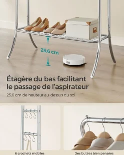 Discount SONGMICS Portemanteau mobile double barre centrale réglable marron Marron Rustique + Noir D'Encre