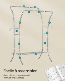 Discount SONGMICS Portemanteau mobile double barre centrale réglable marron Marron Rustique + Noir D'Encre