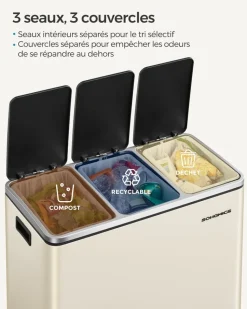 Outlet SONGMICS Poubelle cuisine 3 x 18L avec pétal beige sable