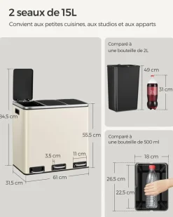 Outlet SONGMICS Poubelle cuisine 3 x 18L avec pétal beige sable