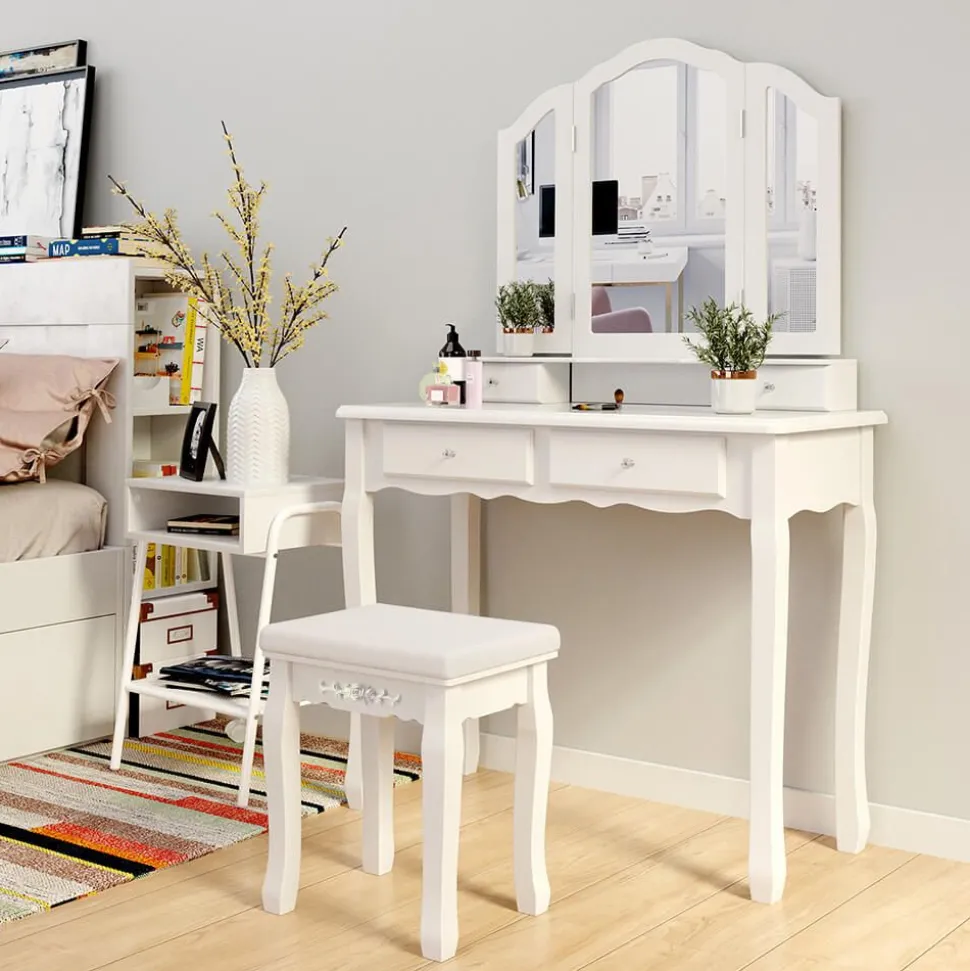 Cheap SONGMICS Set coiffeuse 3 miroirs arqués Blanc