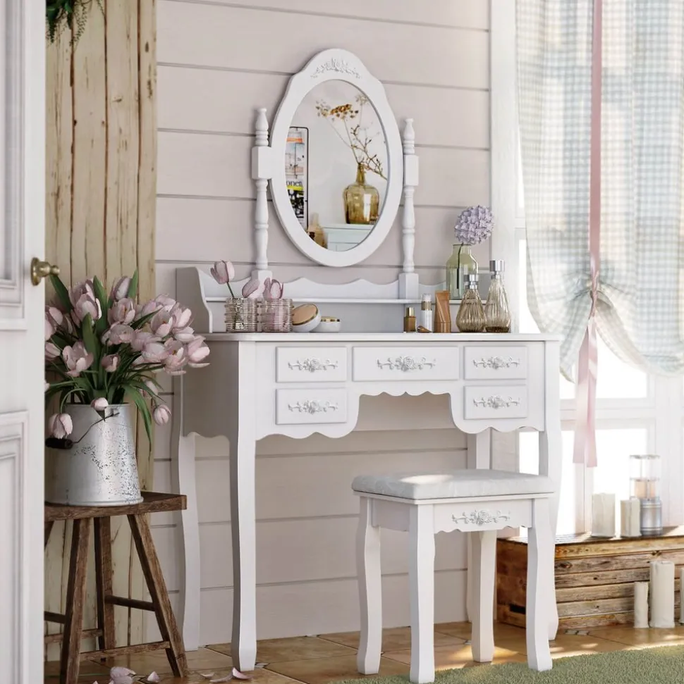 Clearance SONGMICS Set coiffeuse 7 tiroirs Blanc