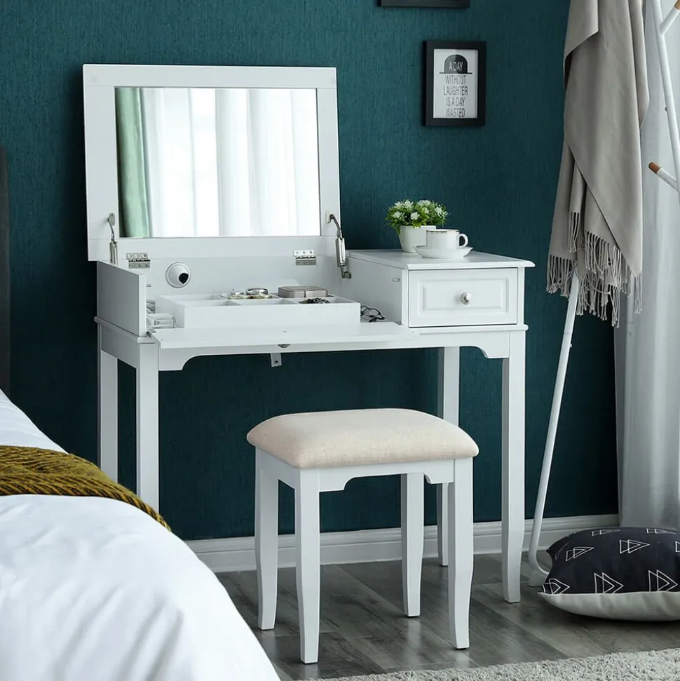 New SONGMICS Set coiffeuse miroir pliable Blanc