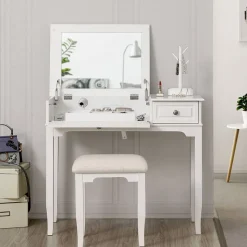 New SONGMICS Set coiffeuse miroir pliable Blanc