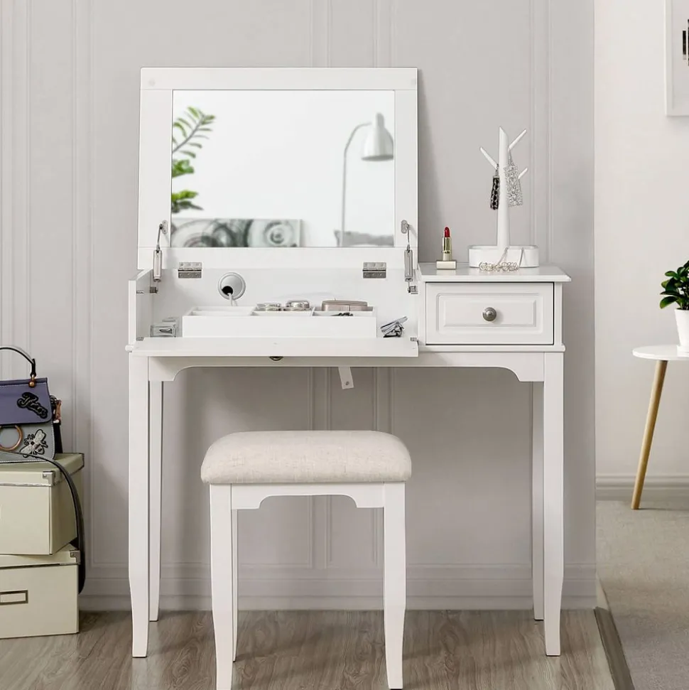 New SONGMICS Set coiffeuse miroir pliable Blanc