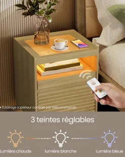 Online SONGMICS Table chevet avec lumière led avec tiroir chêne naturel