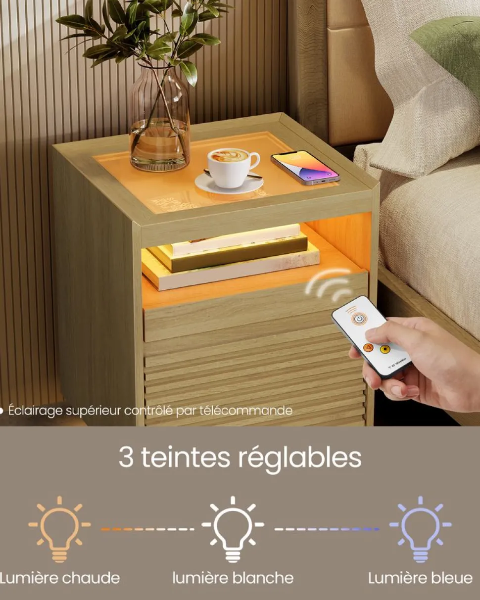 Online SONGMICS Table chevet avec lumière led avec tiroir chêne naturel