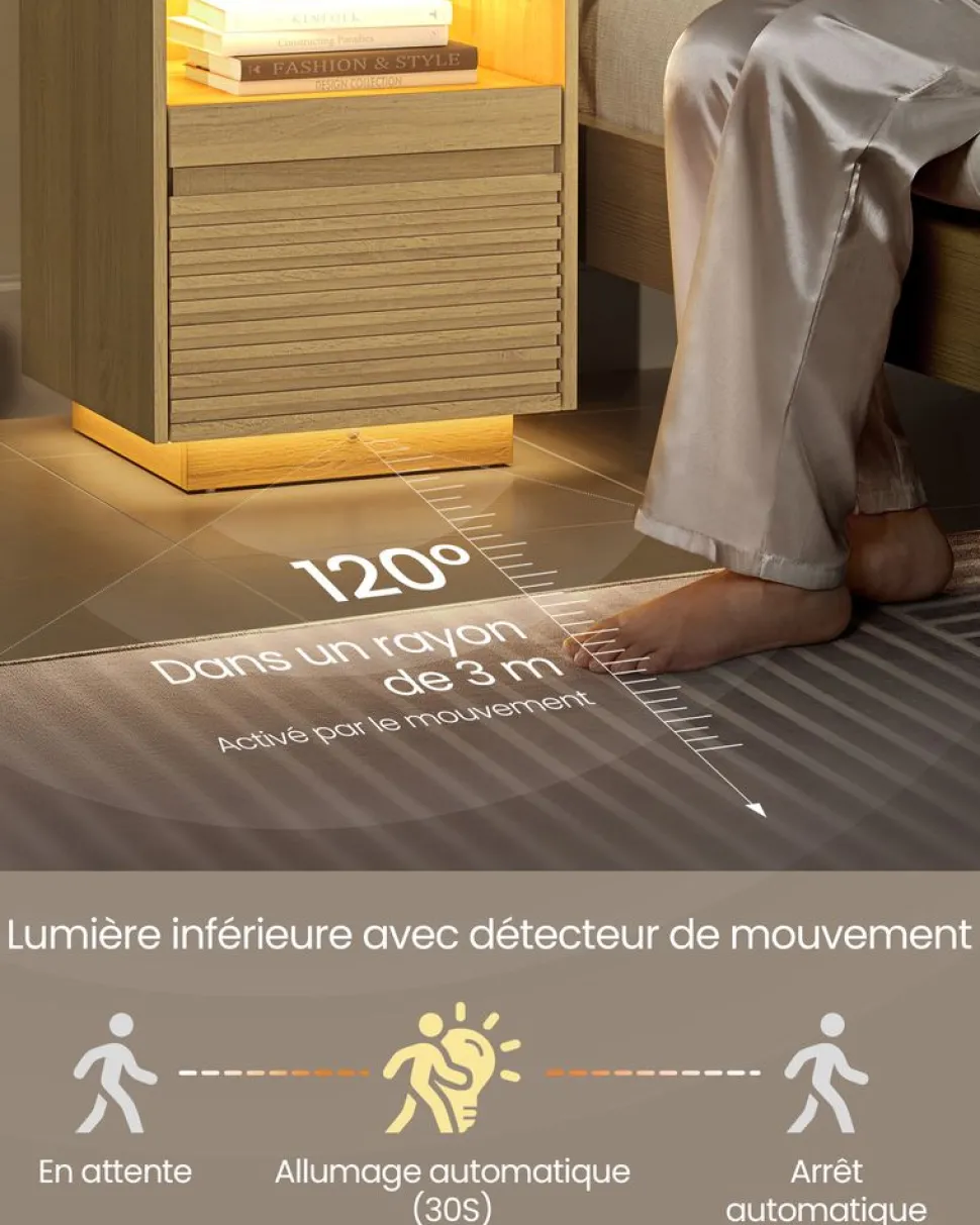 Online SONGMICS Table chevet avec lumière led avec tiroir chêne naturel