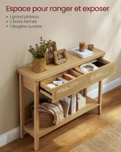 New SONGMICS Table console 2 tiroirs style boho beige chêne