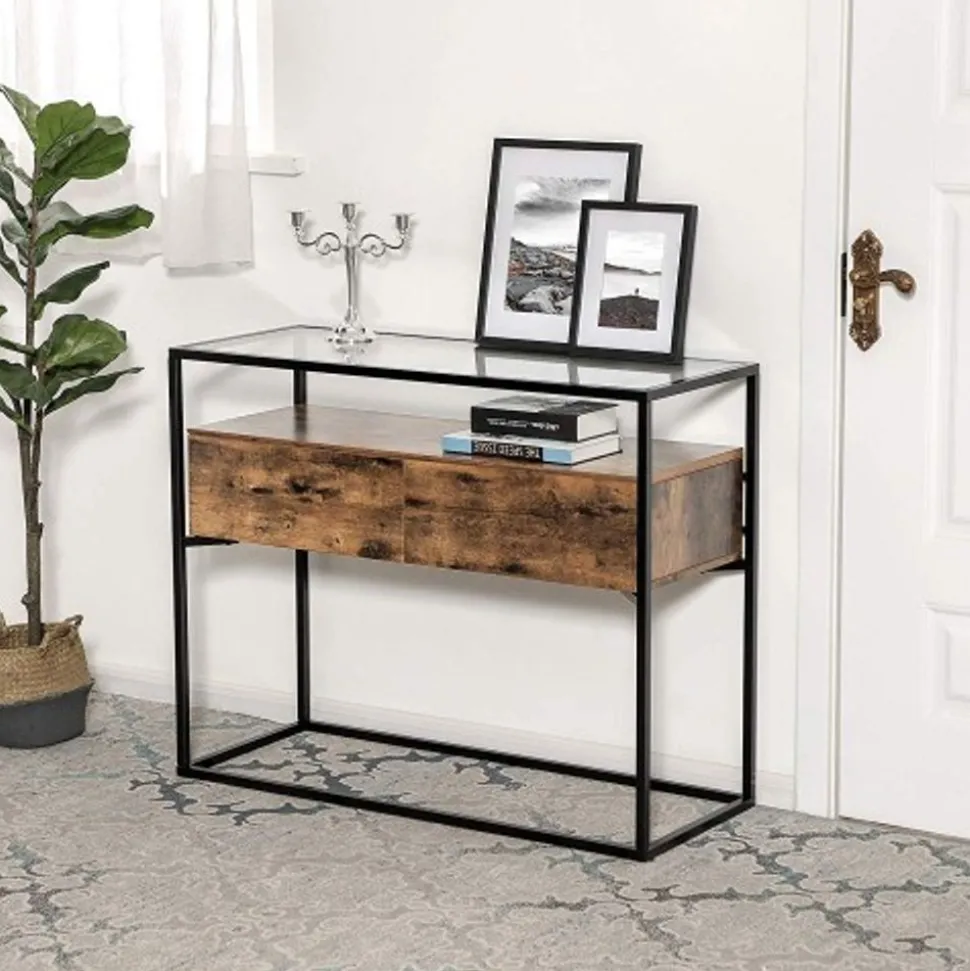 Outlet SONGMICS Table console verre industriel Marron Rustique