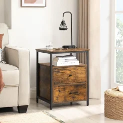 New SONGMICS Table d'appoint 2 tiroirs Brun Vintage Noir