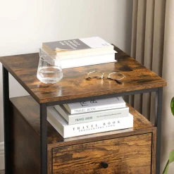 New SONGMICS Table d'appoint 2 tiroirs Brun Vintage Noir