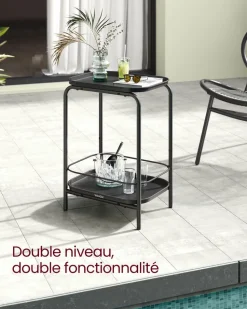Outlet SONGMICS Table d'appoint ronde 2 niveaux cadre en acier noisette rustique et noir