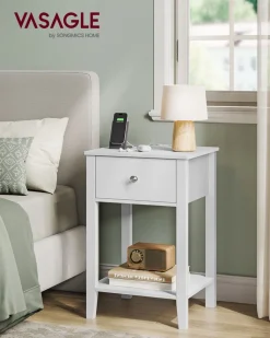 Fashion SONGMICS Table de chevet en bambou avec 2 tiroirs et étagère ouverte blanc nuage