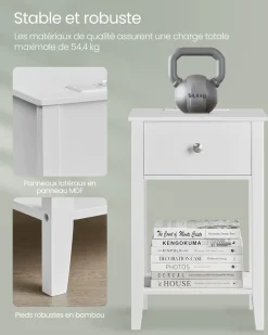 Fashion SONGMICS Table de chevet en bambou avec 2 tiroirs et étagère ouverte blanc nuage