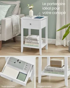 Fashion SONGMICS Table de chevet en bambou avec 2 tiroirs et étagère ouverte blanc nuage