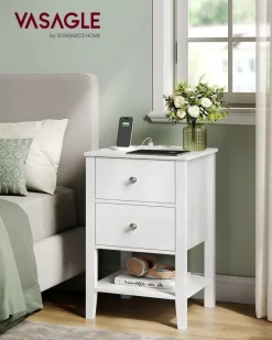 New SONGMICS Table de chevet en bambou 2 tiroirs avec multiprise Blanc Nuage