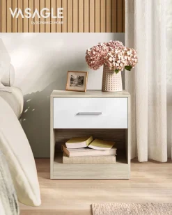 Fashion SONGMICS Table de chevet en bambou 1 tiroir avec multiprise Blanc Nuage