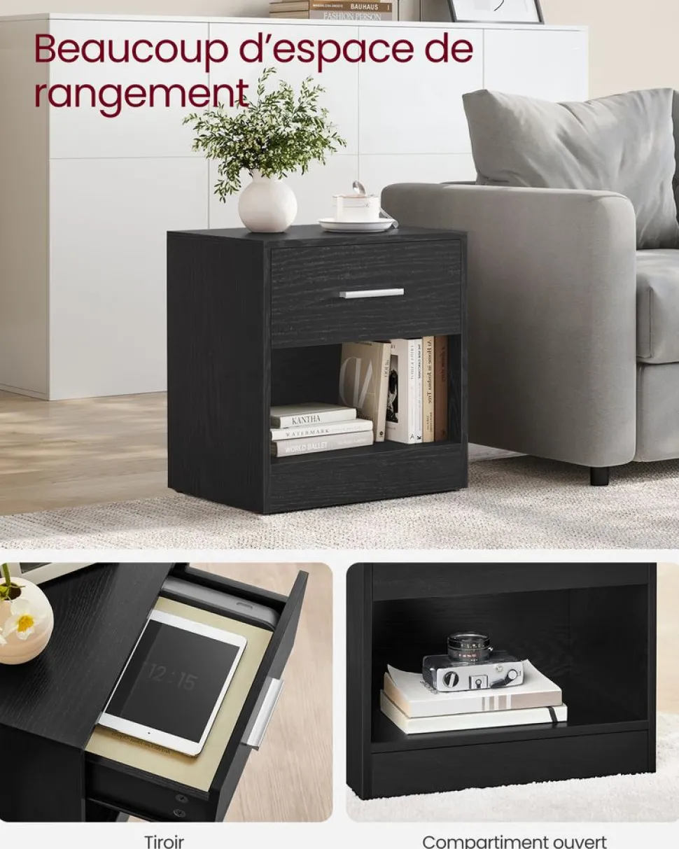 Best SONGMICS Tables de chevet avec tiroir et compartiment ouvert pieds en bois noir boisé