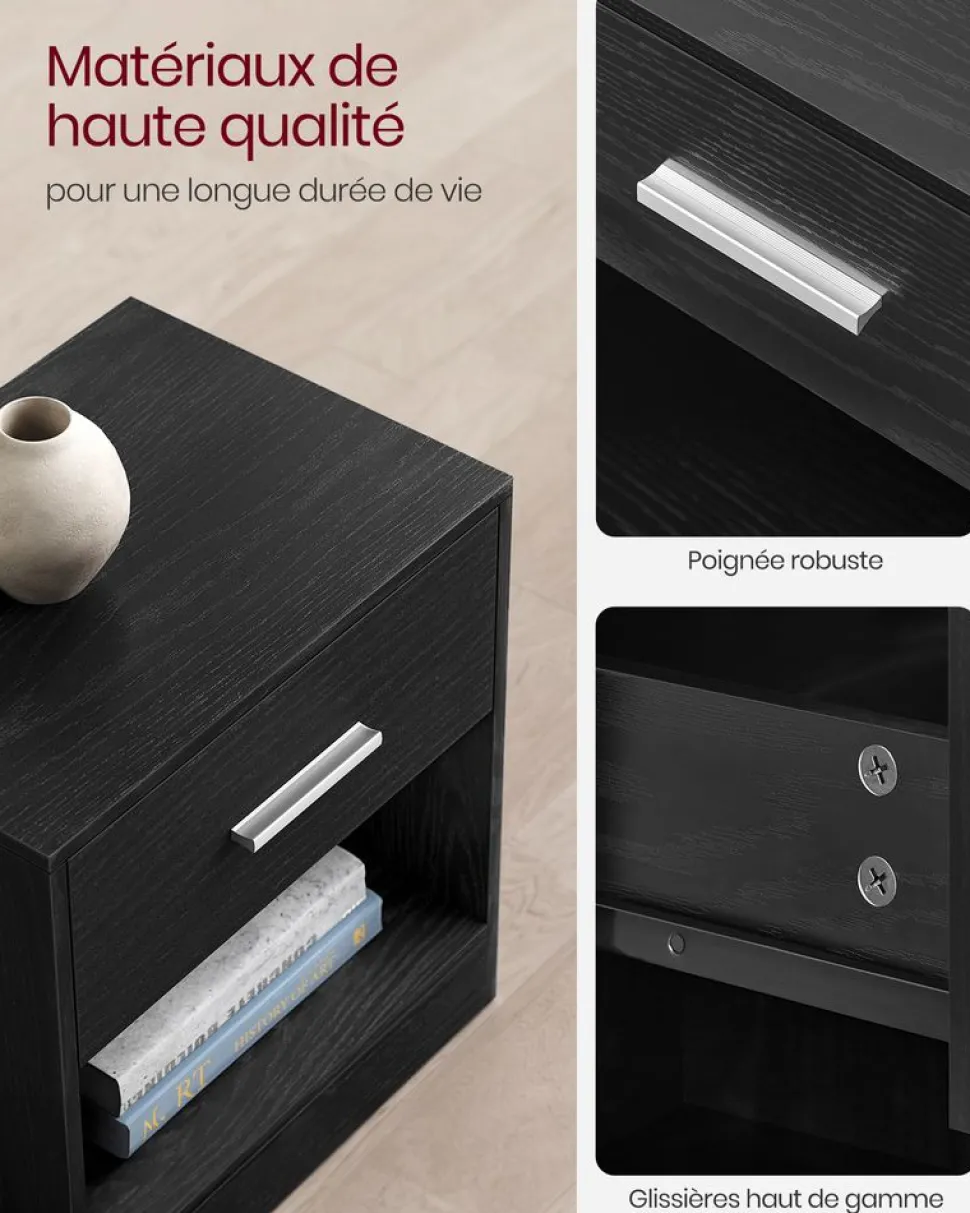 Best SONGMICS Tables de chevet avec tiroir et compartiment ouvert pieds en bois noir boisé