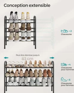 Sale SONGMICS Étagère à chaussures à 2 niveaux avec 4 crochets noir d'encre