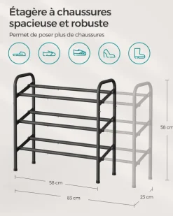Sale SONGMICS Étagère à chaussures à 2 niveaux avec 4 crochets noir d'encre