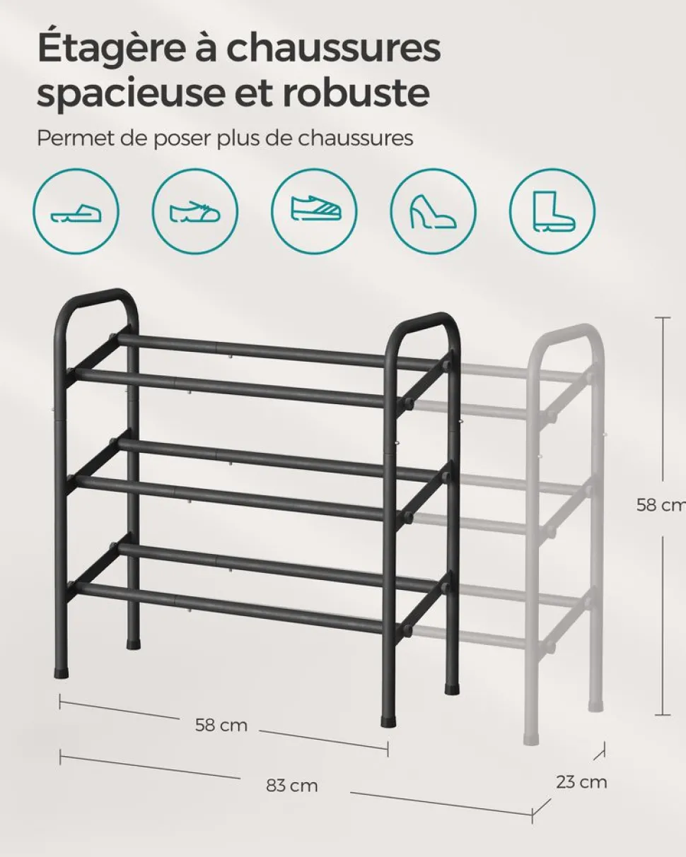 Sale SONGMICS Étagère à chaussures à 2 niveaux avec 4 crochets noir d'encre