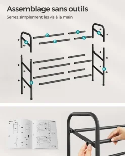 Sale SONGMICS Étagère à chaussures à 2 niveaux avec 4 crochets noir d'encre