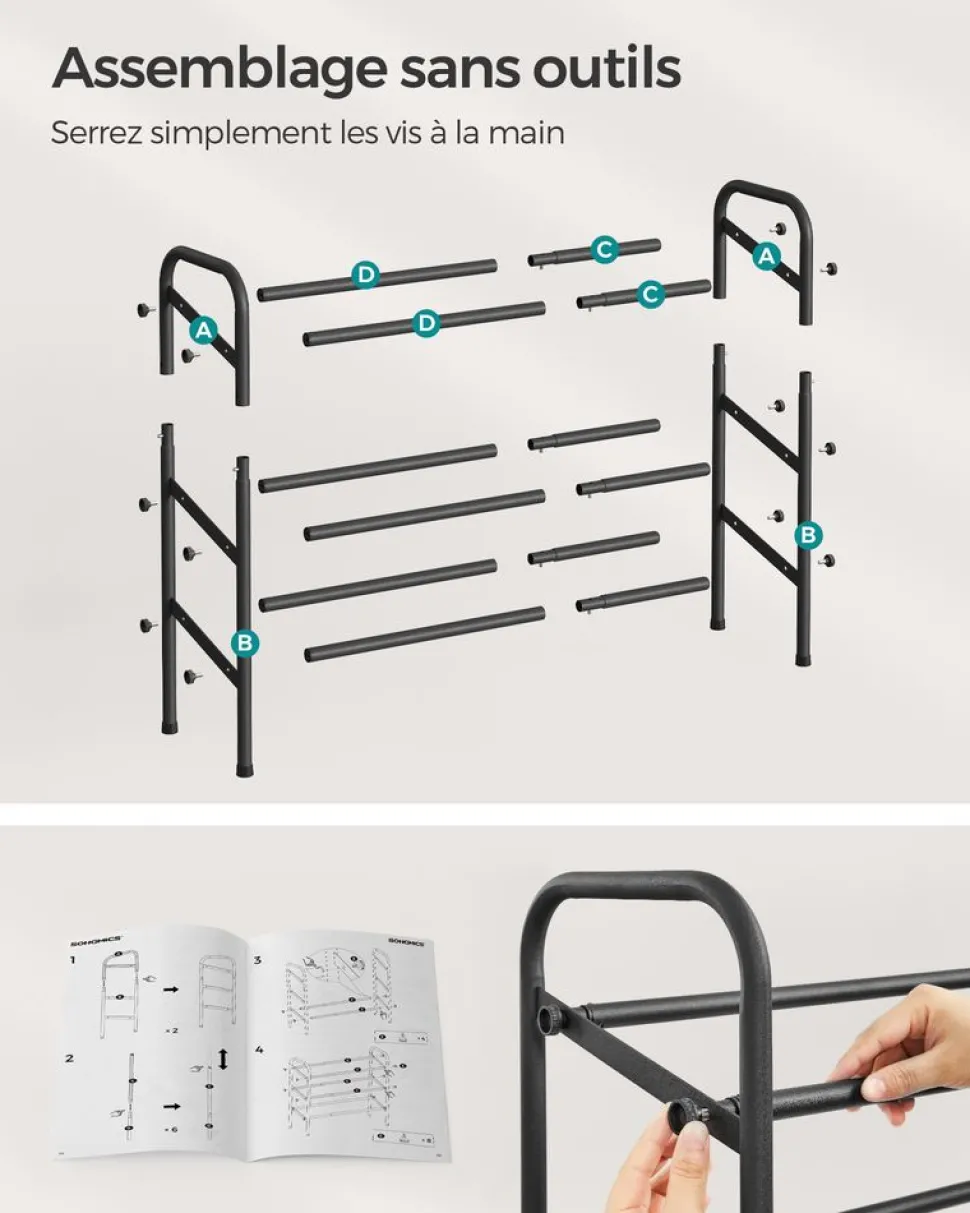 Sale SONGMICS Étagère à chaussures à 2 niveaux avec 4 crochets noir d'encre
