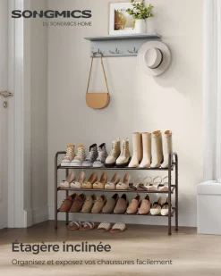 Sale SONGMICS Étagère à chaussures à 2 niveaux avec 4 crochets noir d'encre