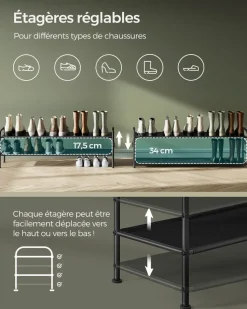 Store SONGMICS Étagère à chaussures à 2 niveaux avec 4 crochets noir d'encre