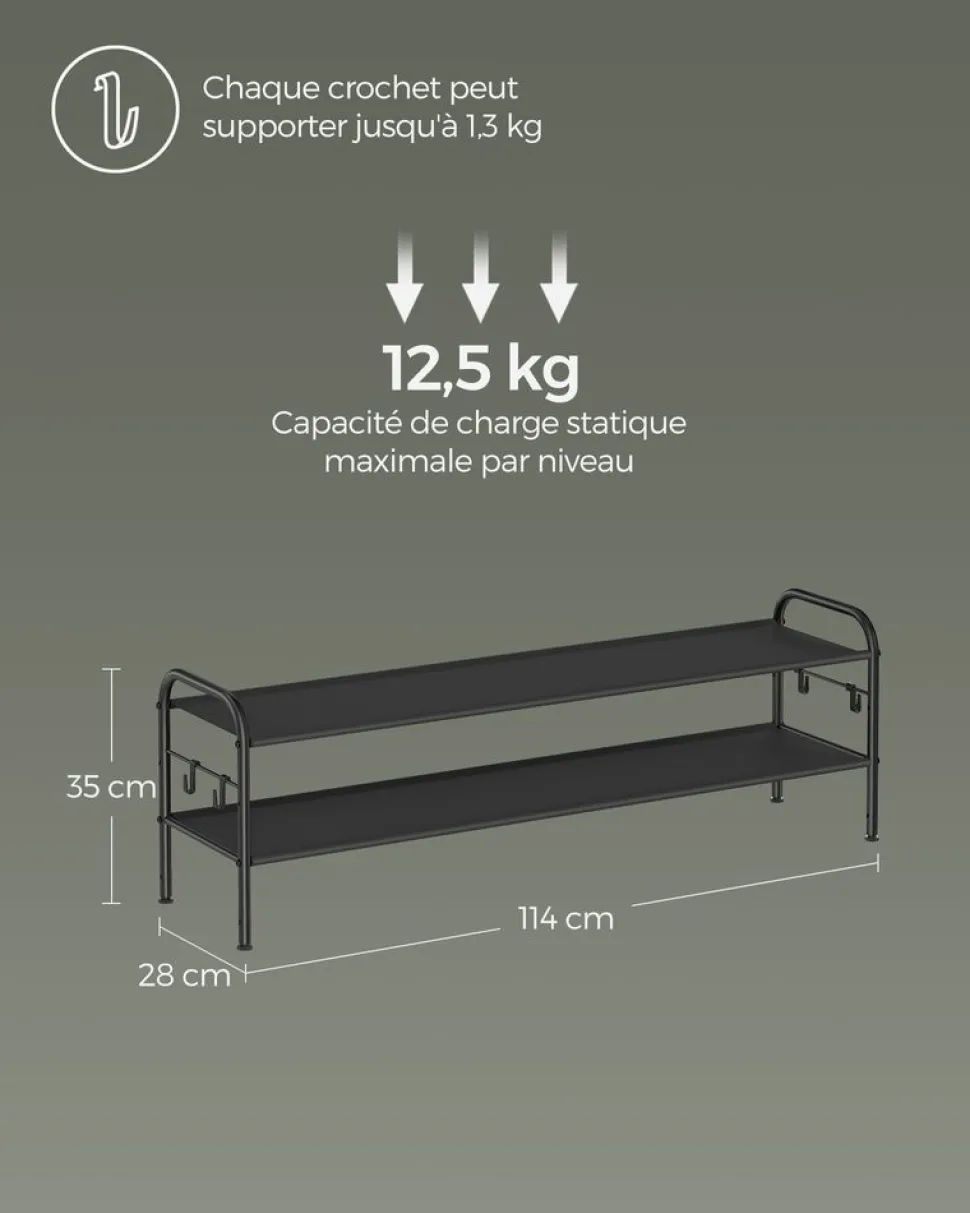 Store SONGMICS Étagère à chaussures à 2 niveaux avec 4 crochets noir d'encre