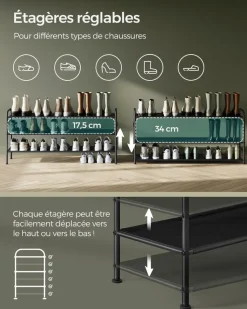 Store SONGMICS Étagère à chaussures à 2 niveaux avec 4 crochets noir d'encre