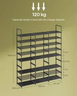 Outlet SONGMICS Étagère à chaussures à 3 niveaux pour 18 paires noir d'encre