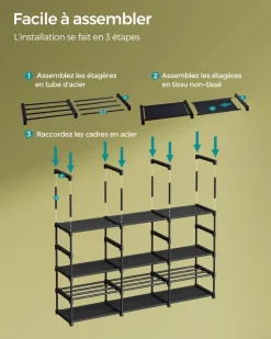 Outlet SONGMICS Étagère à chaussures à 3 niveaux pour 18 paires noir d'encre
