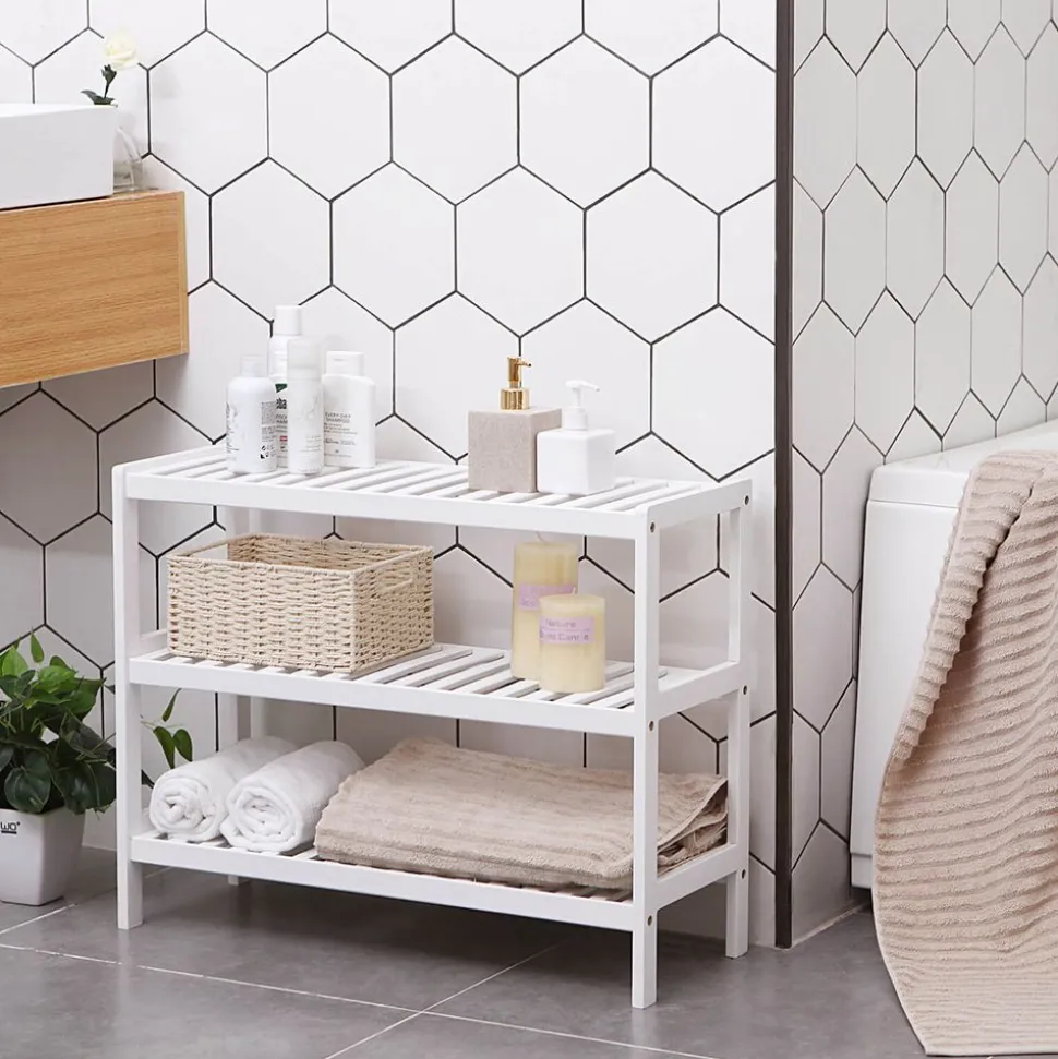 Cheap SONGMICS Étagère 3 niveaux bambou Blanc