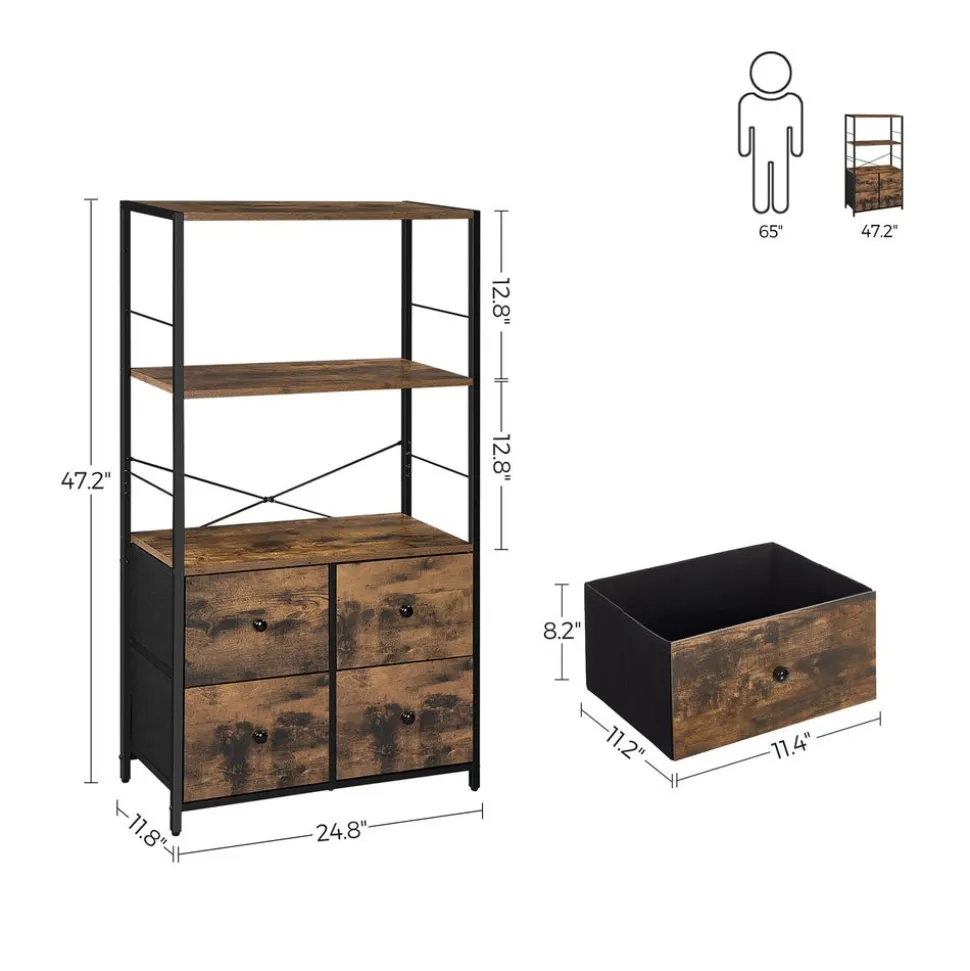 Fashion SONGMICS Étagère 4 tiroirs rustique Noir