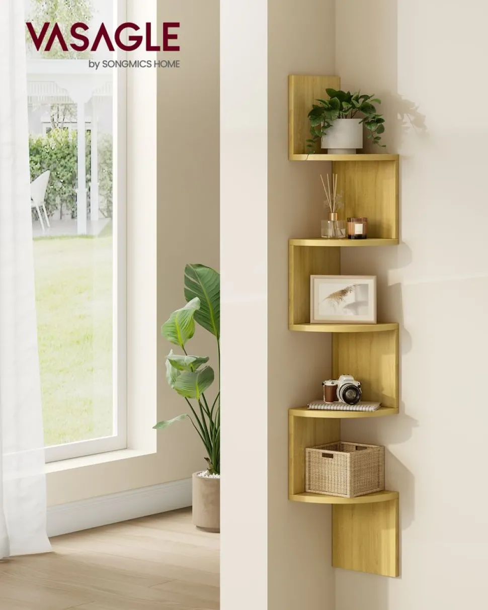 Outlet SONGMICS Étagère d'angle à 5 niveaux style boho chêne beige