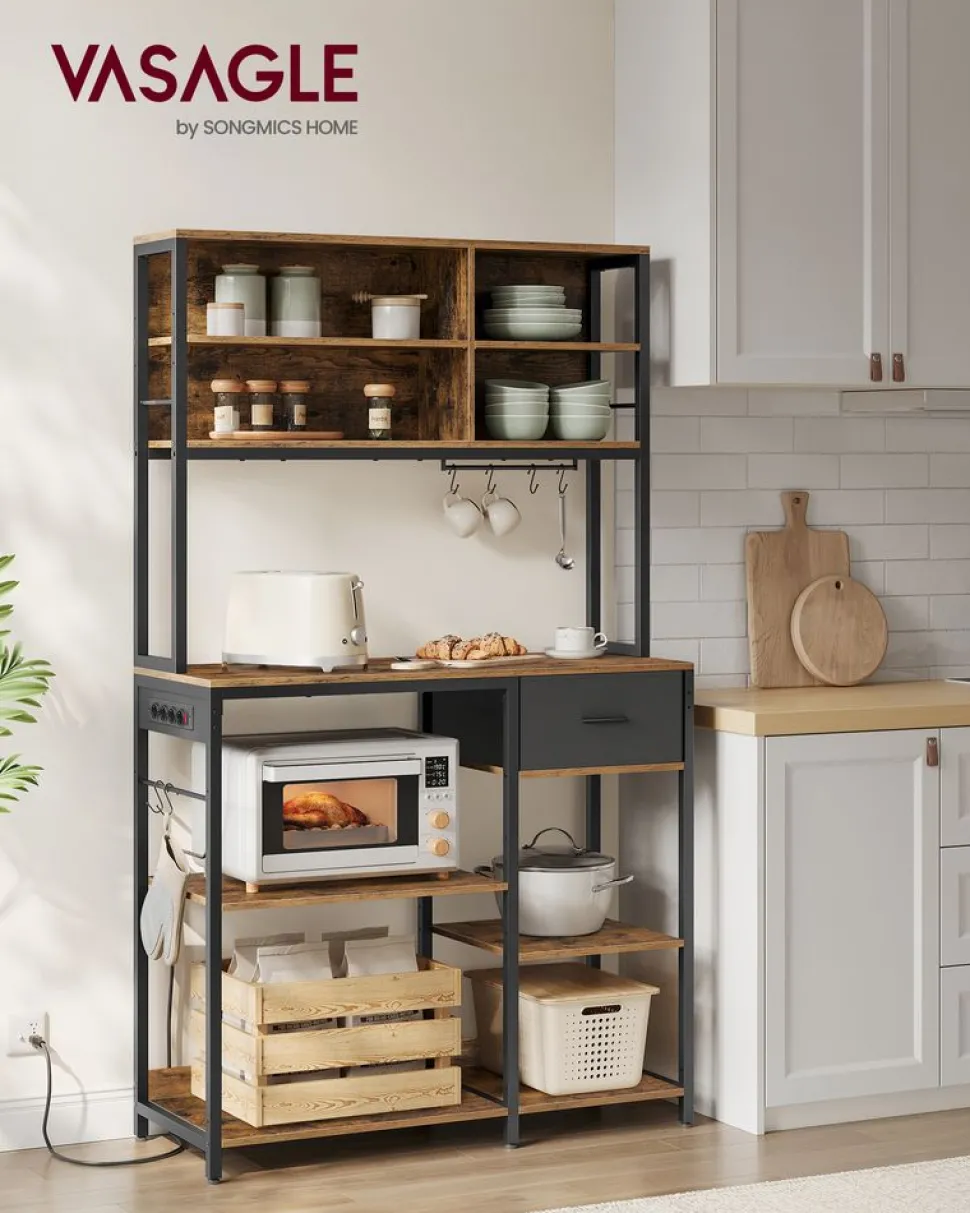 Best SONGMICS Étagère de cuisine avec multiprise marron rustique et noir d’encre